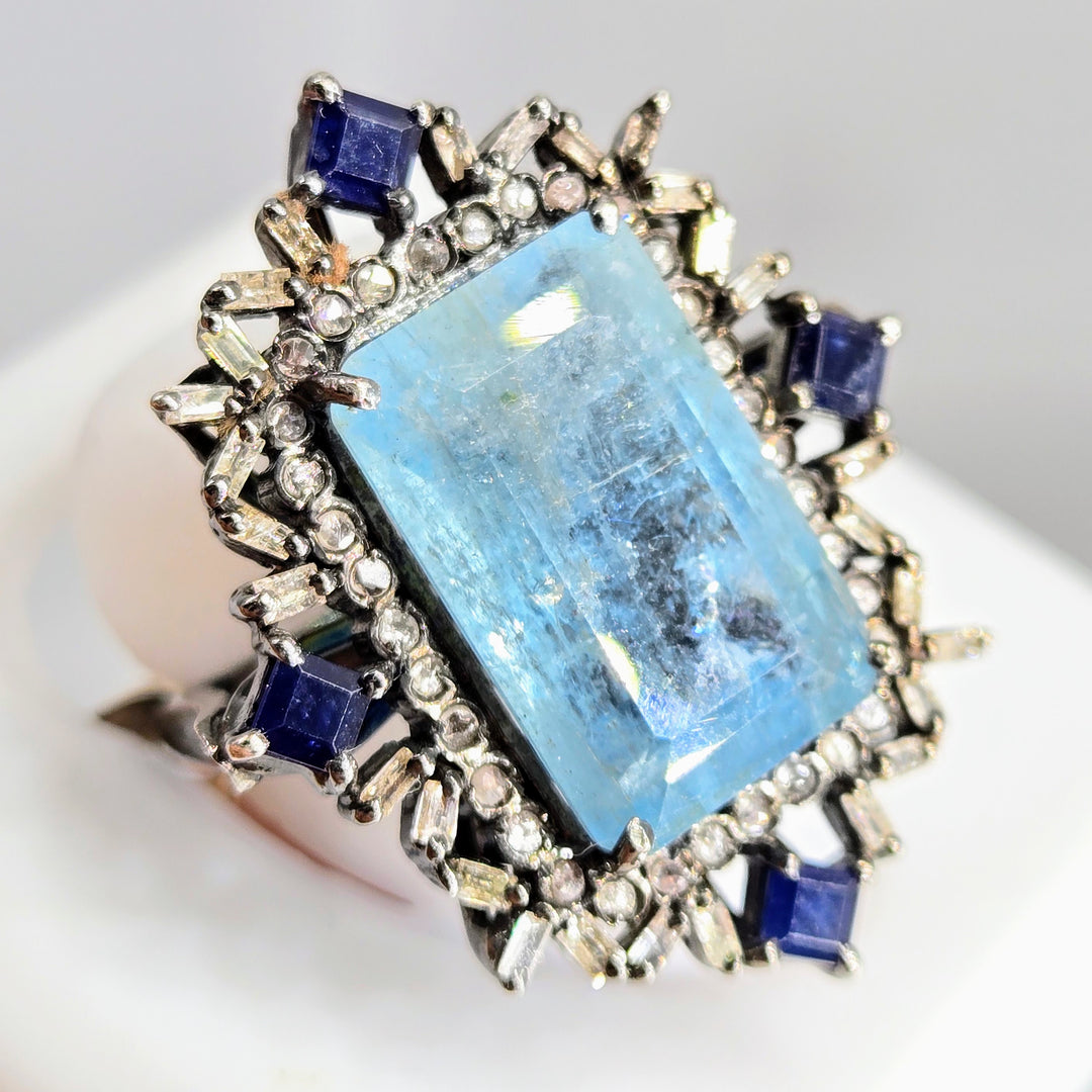"Edwardian Dream" Sz 6.75 Ring - Aquamarine, Sapphire, Diamonds, Black Sterling