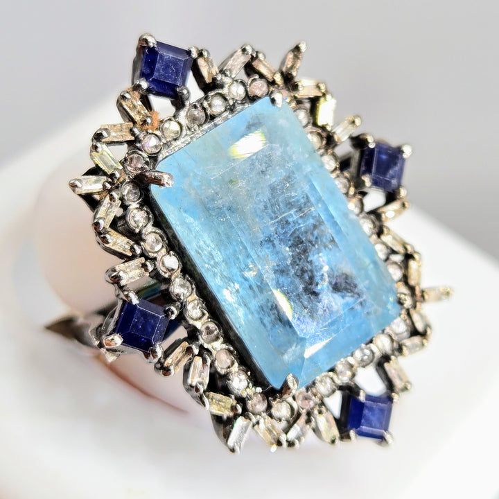 "Edwardian Dream" Sz 6.75 Ring - Aquamarine, Sapphire, Diamonds, Black Sterling
