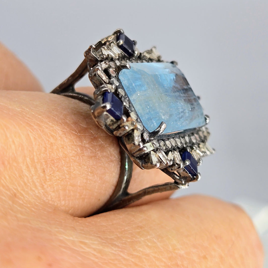 "Edwardian Dream" Sz 6.75 Ring - Aquamarine, Sapphire, Diamonds, Black Sterling