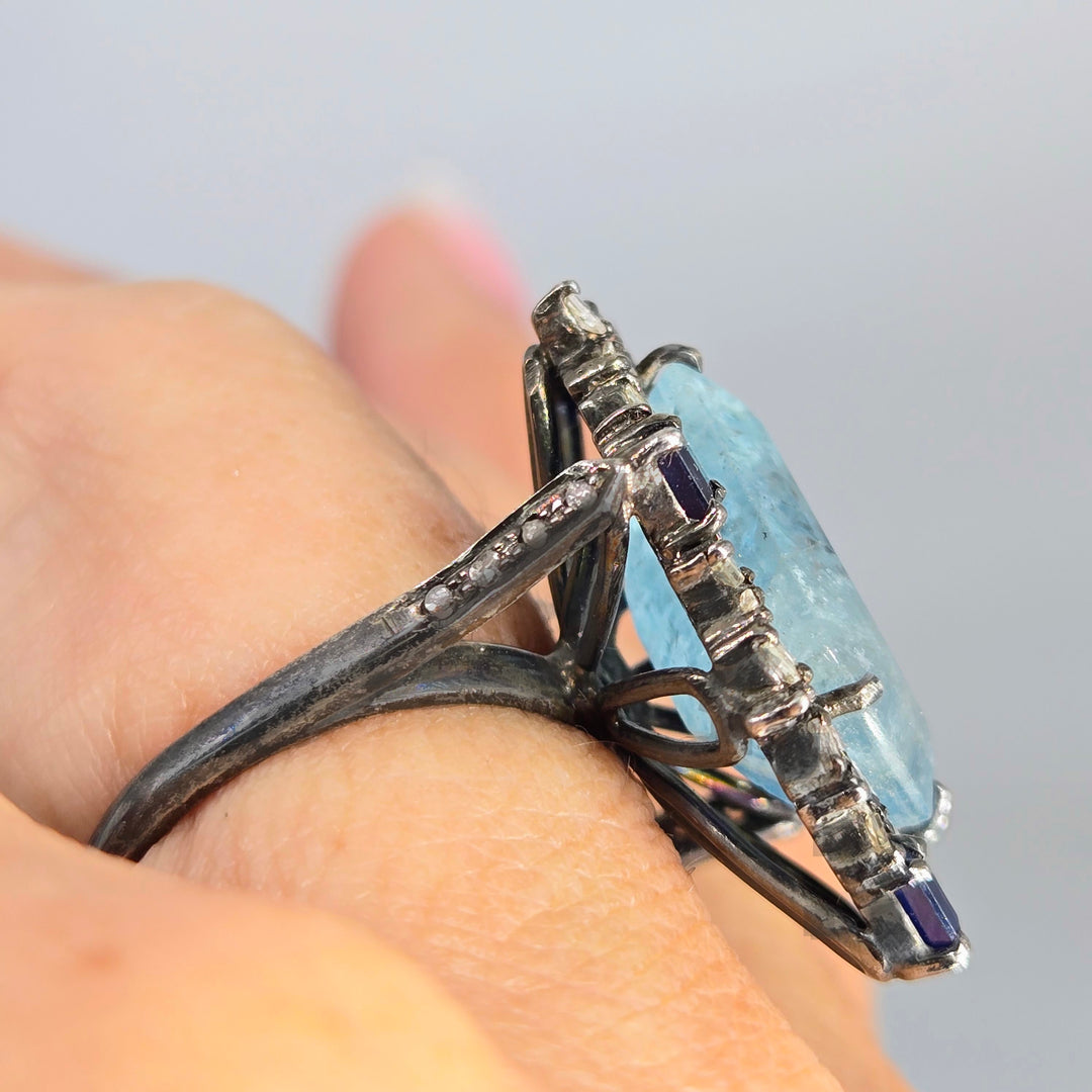 "Edwardian Dream" Sz 6.75 Ring - Aquamarine, Sapphire, Diamonds, Black Sterling