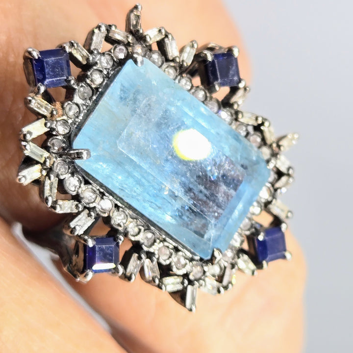 "Edwardian Dream" Sz 6.75 Ring - Aquamarine, Sapphire, Diamonds, Black Sterling