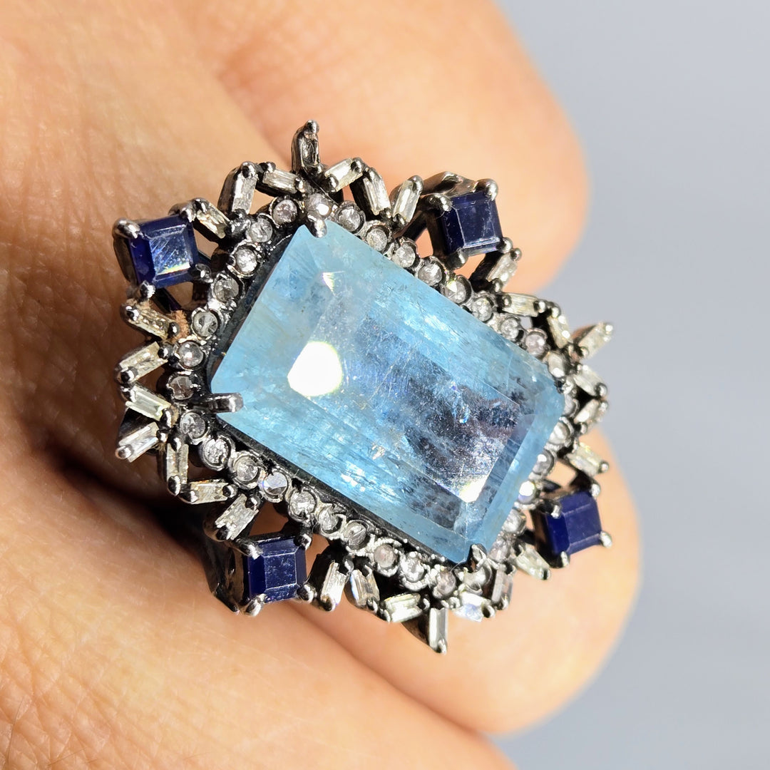 "Edwardian Dream" Sz 6.75 Ring - Aquamarine, Sapphire, Diamonds, Black Sterling
