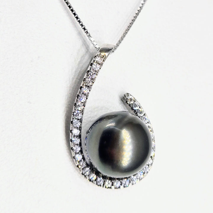 "Tahitian Treat #20" Pendant Necklace - Tahitian Pearl, Zircon Crystals, Anti-tarnish Sterling