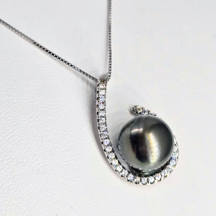 "Tahitian Treat #20" Pendant Necklace - Tahitian Pearl, Zircon Crystals, Anti-tarnish Sterling