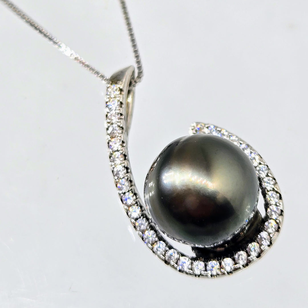 "Tahitian Treat #20" Pendant Necklace - Tahitian Pearl, Zircon Crystals, Anti-tarnish Sterling