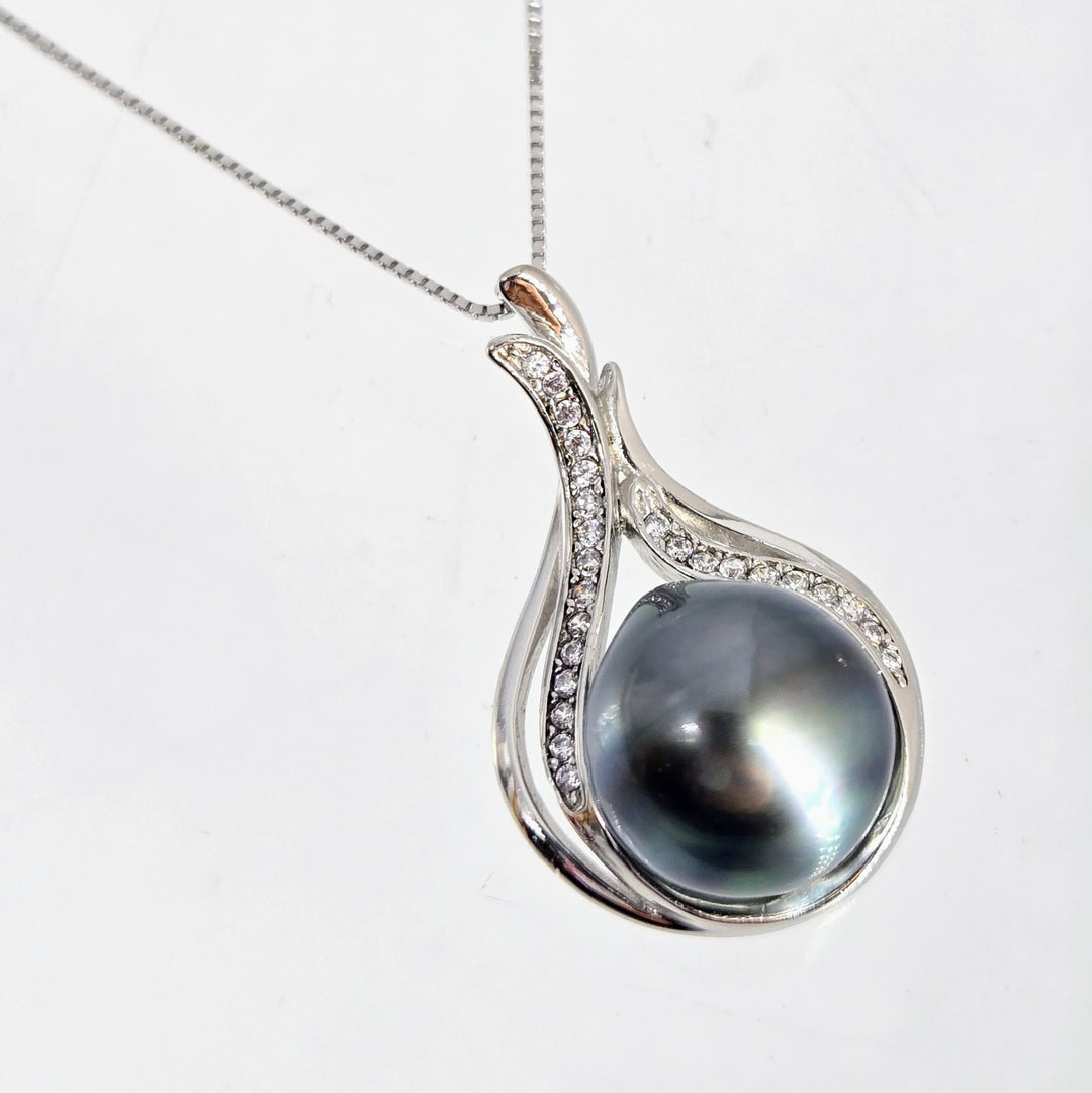 "Tahitian Treat #19" Pendant Necklace - Tahitian Pearl, Zircon Crystals, Anti-tarnish Sterling