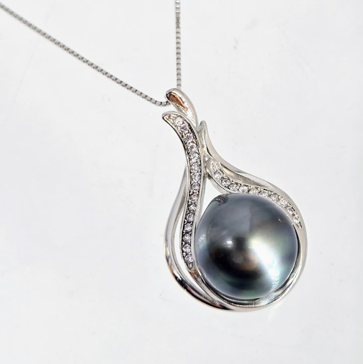 "Tahitian Treat #19" Pendant Necklace - Tahitian Pearl, Zircon Crystals, Anti-tarnish Sterling