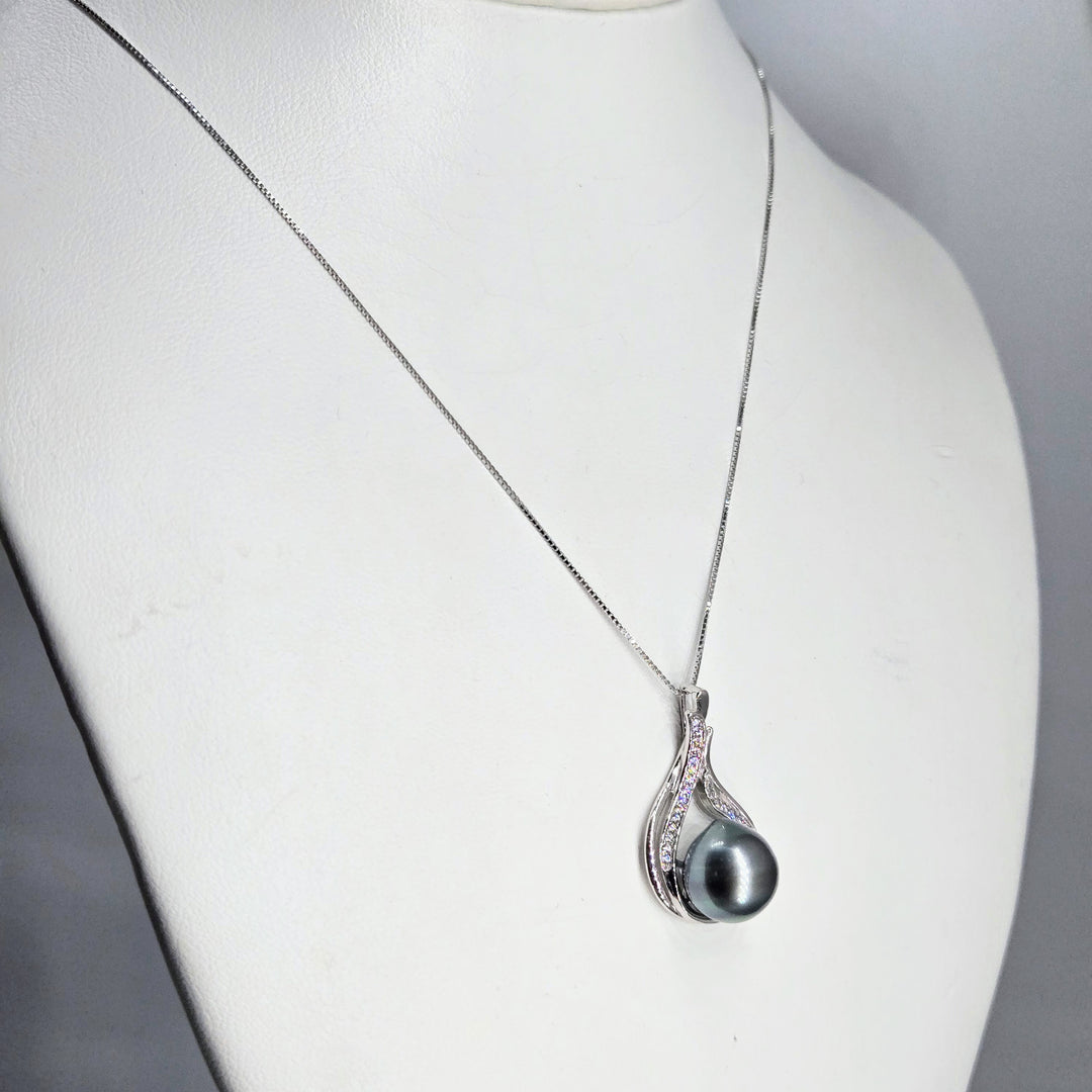 "Tahitian Treat #19" Pendant Necklace - Tahitian Pearl, Zircon Crystals, Anti-tarnish Sterling