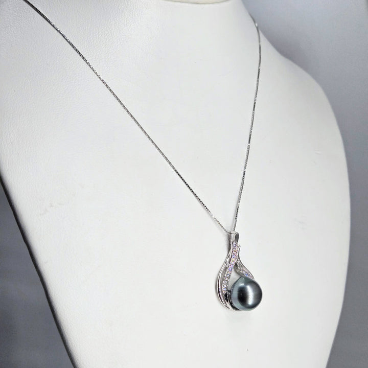 "Tahitian Treat #19" Pendant Necklace - Tahitian Pearl, Zircon Crystals, Anti-tarnish Sterling