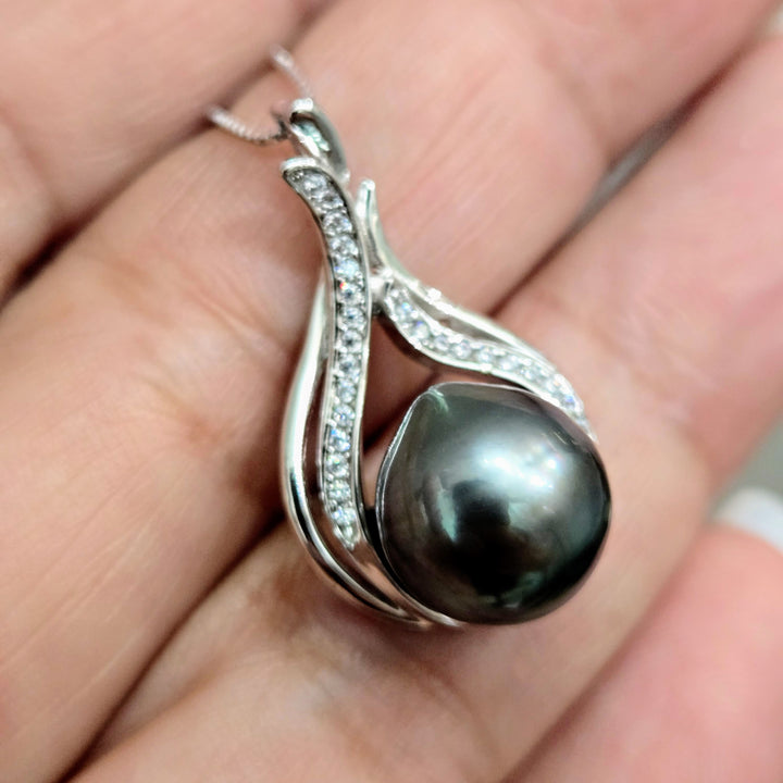 "Tahitian Treat #19" Pendant Necklace - Tahitian Pearl, Zircon Crystals, Anti-tarnish Sterling