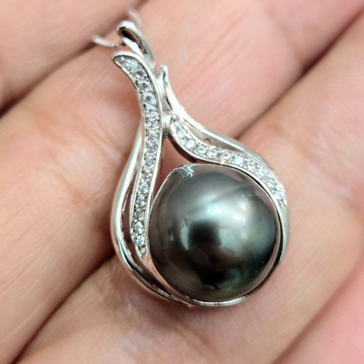 "Tahitian Treat #19" Pendant Necklace - Tahitian Pearl, Zircon Crystals, Anti-tarnish Sterling