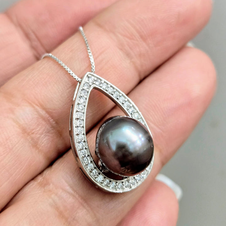 "Tahitian Treat #17" Pendant Necklace - Tahitian Pearl, Zircon Crystals, Anti-tarnish Sterling