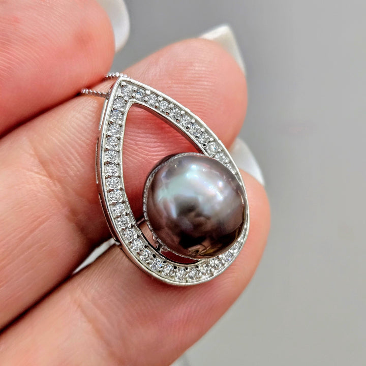 "Tahitian Treat #17" Pendant Necklace - Tahitian Pearl, Zircon Crystals, Anti-tarnish Sterling