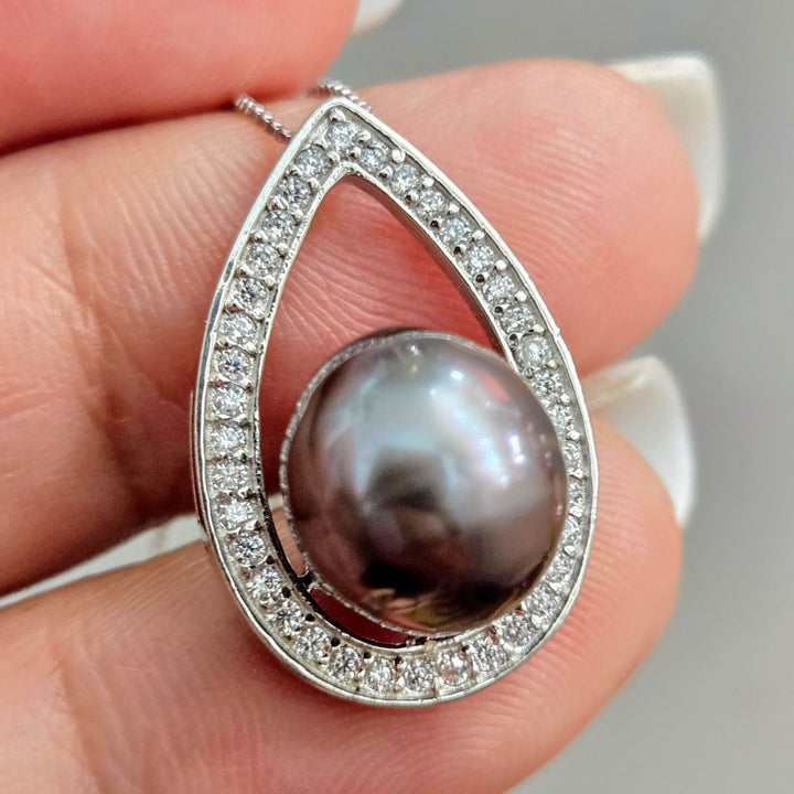 "Tahitian Treat #17" Pendant Necklace - Tahitian Pearl, Zircon Crystals, Anti-tarnish Sterling