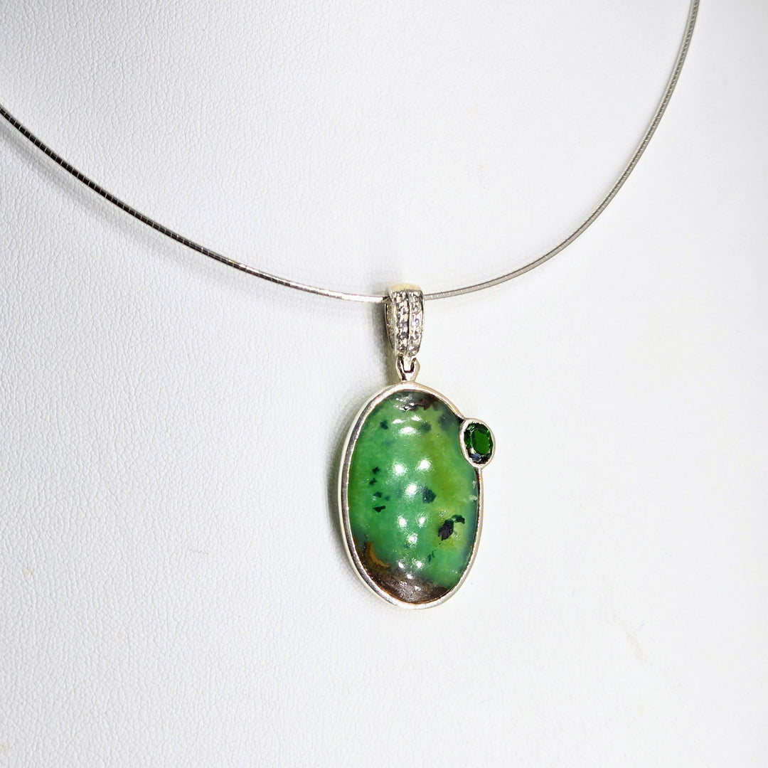 "Carmel Apple" Pendant Necklace - Boulder Chrysoprase, White Sapphire, Chrome Diopside, Sterling