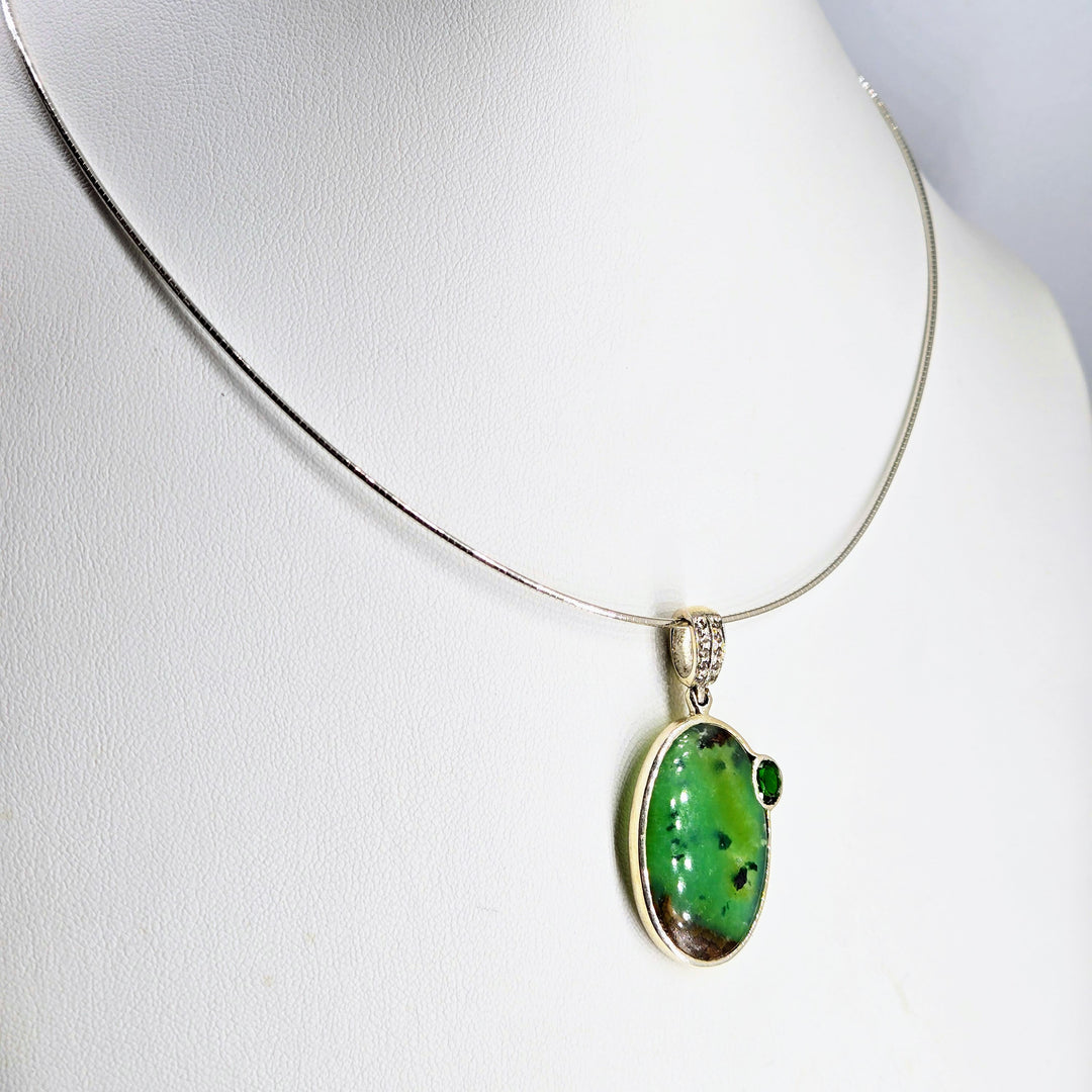 "Carmel Apple" Pendant Necklace - Boulder Chrysoprase, White Sapphire, Chrome Diopside, Sterling