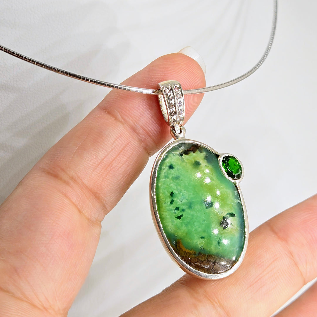 "Carmel Apple" Pendant Necklace - Boulder Chrysoprase, White Sapphire, Chrome Diopside, Sterling