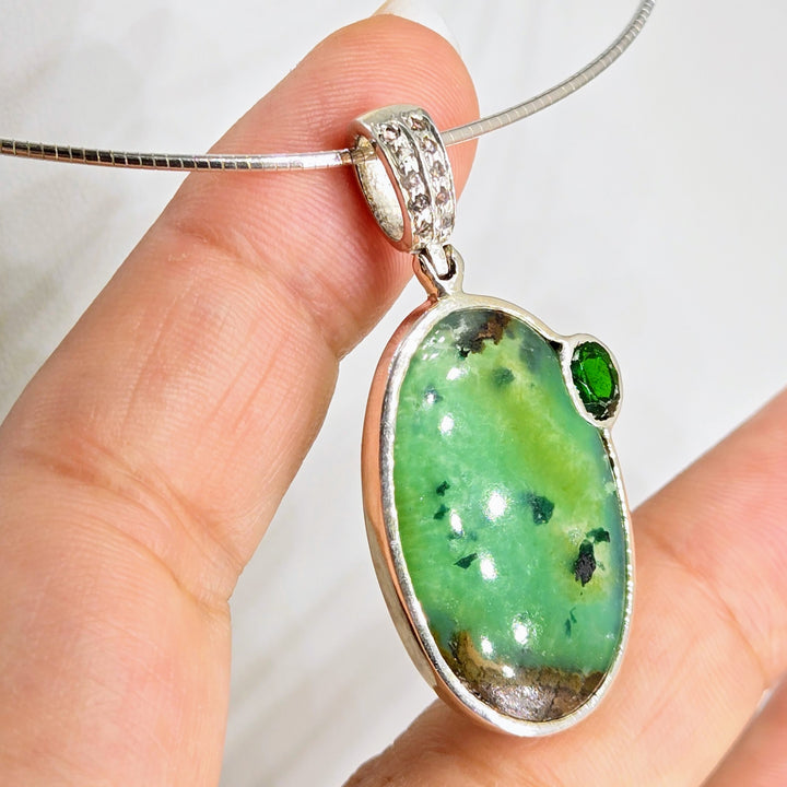 "Carmel Apple" Pendant Necklace - Boulder Chrysoprase, White Sapphire, Chrome Diopside, Sterling