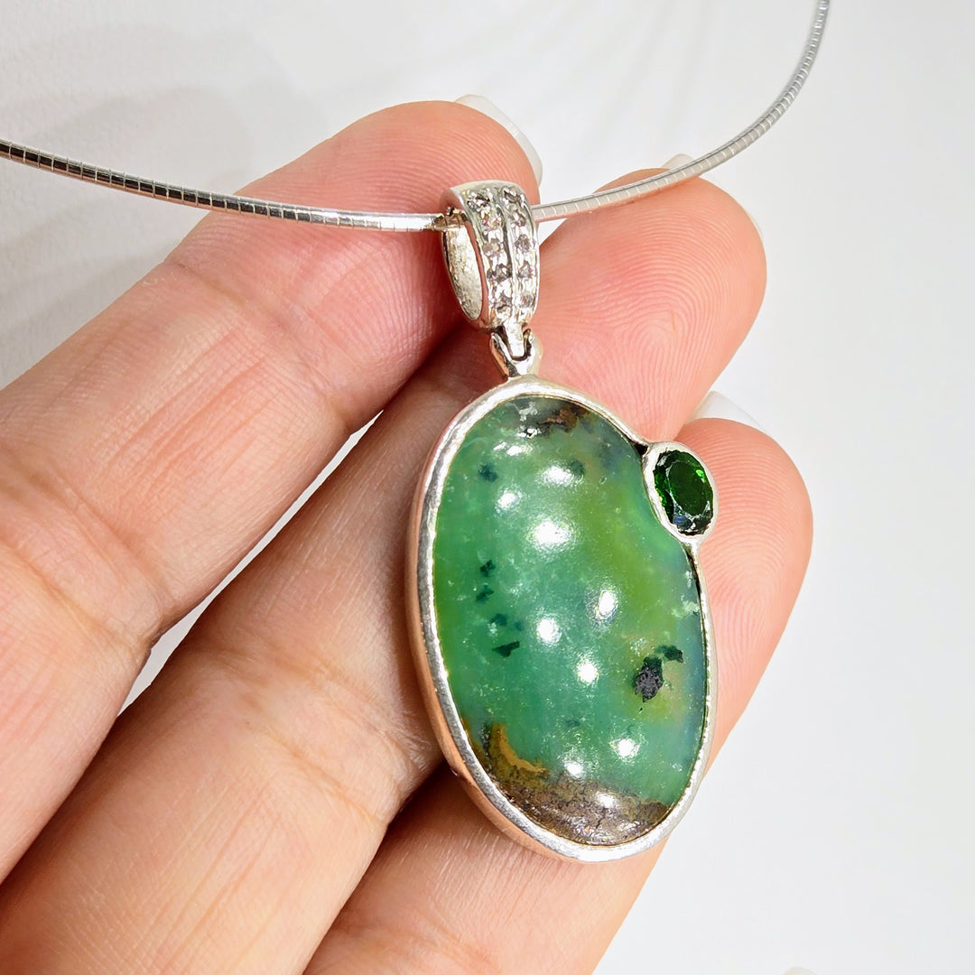 "Carmel Apple" Pendant Necklace - Boulder Chrysoprase, White Sapphire, Chrome Diopside, Sterling