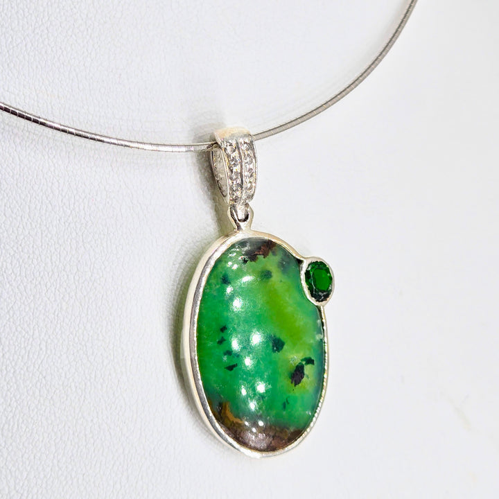 "Carmel Apple" Pendant Necklace - Boulder Chrysoprase, White Sapphire, Chrome Diopside, Sterling