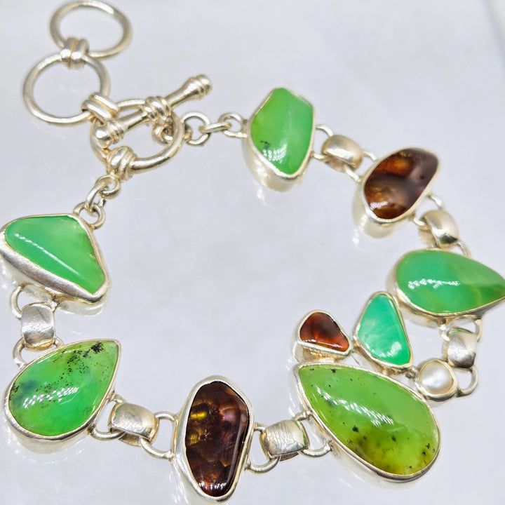 "Carmel Apple" Bracelet - Chrysoprase, Fire Agate, Pearl, Sterling