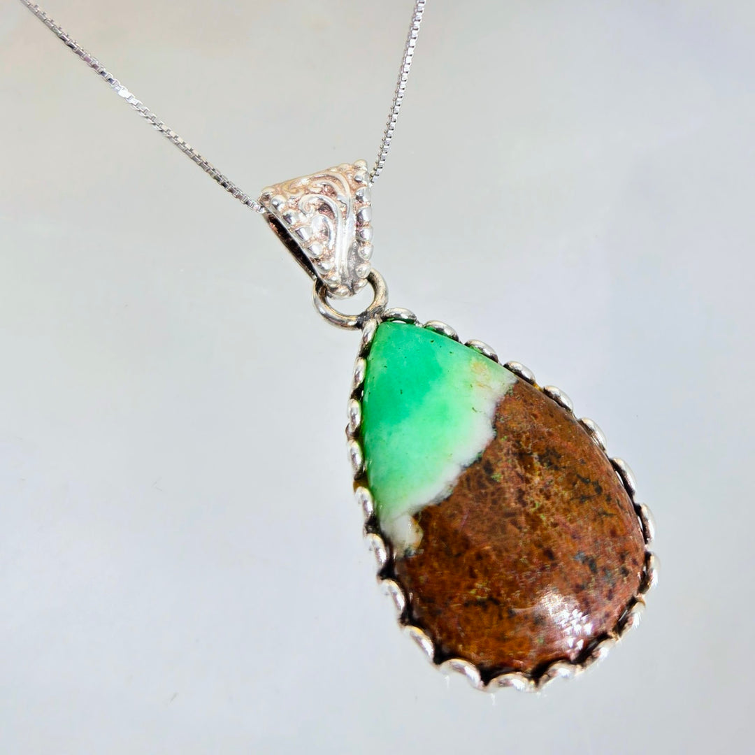 "Mint Chip" Pendant - Boulder Chrysoprase, Sterling
