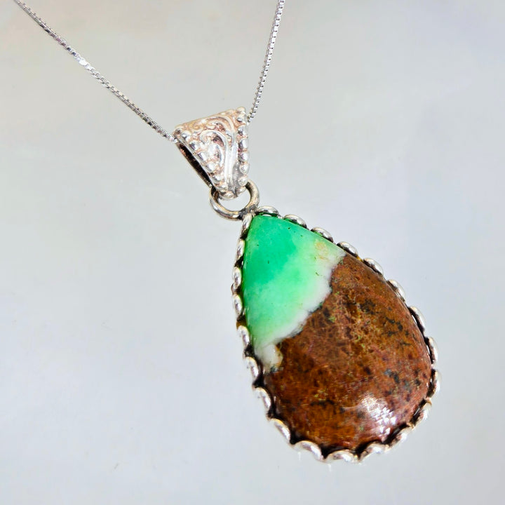 "Mint Chip" Pendant - Boulder Chrysoprase, Sterling