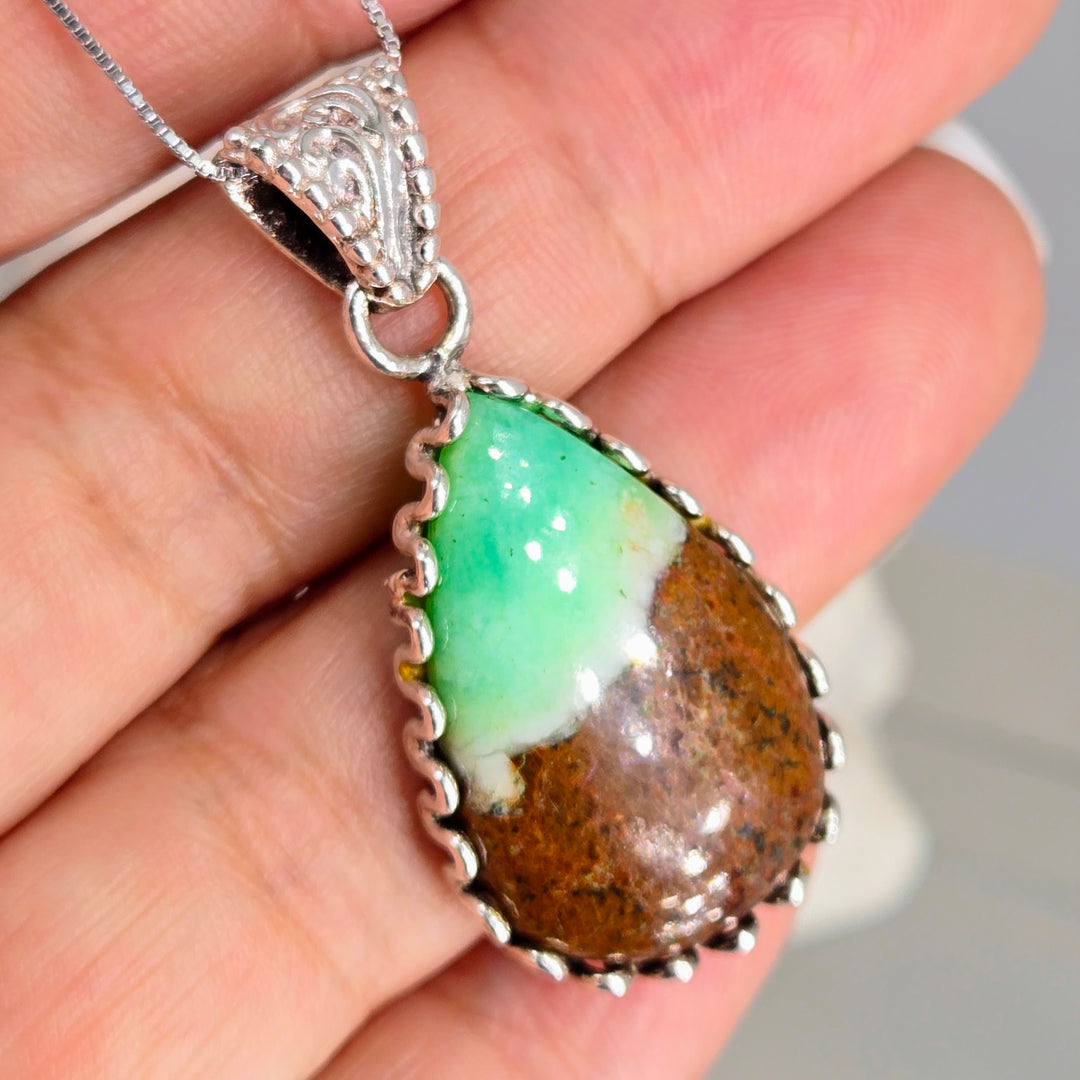 "Mint Chip" Pendant - Boulder Chrysoprase, Sterling