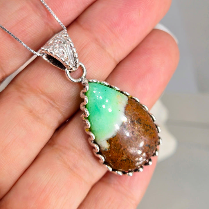 "Mint Chip" Pendant - Boulder Chrysoprase, Sterling