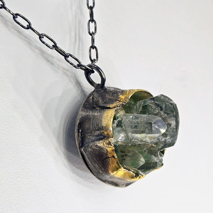 "Green Phantom" Pendant Necklace - Phantom Quartz, Black & Faceted Sterling, 18k Gold