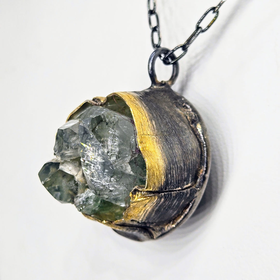 "Green Phantom" Pendant Necklace - Phantom Quartz, Black & Faceted Sterling, 18k Gold