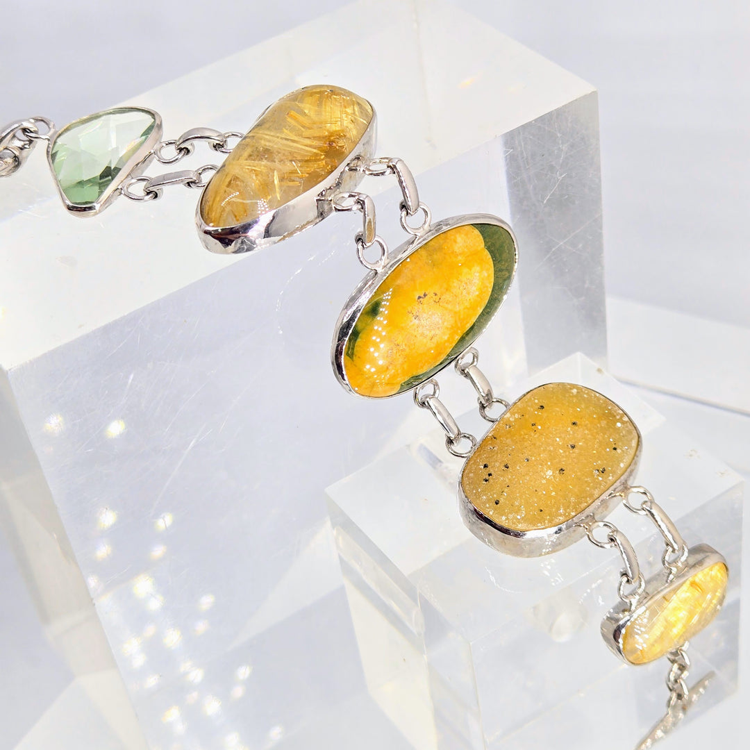 "Golden Sands" 7" - 8" Bracelet - Prasiolite, Druzy, Rutilated Quartz, Ocean Jasper, Anti-tarnish Sterling