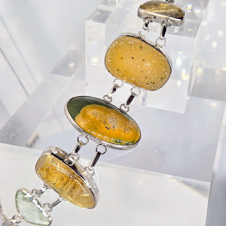 "Golden Sands" 7" - 8" Bracelet - Prasiolite, Druzy, Rutilated Quartz, Ocean Jasper, Anti-tarnish Sterling
