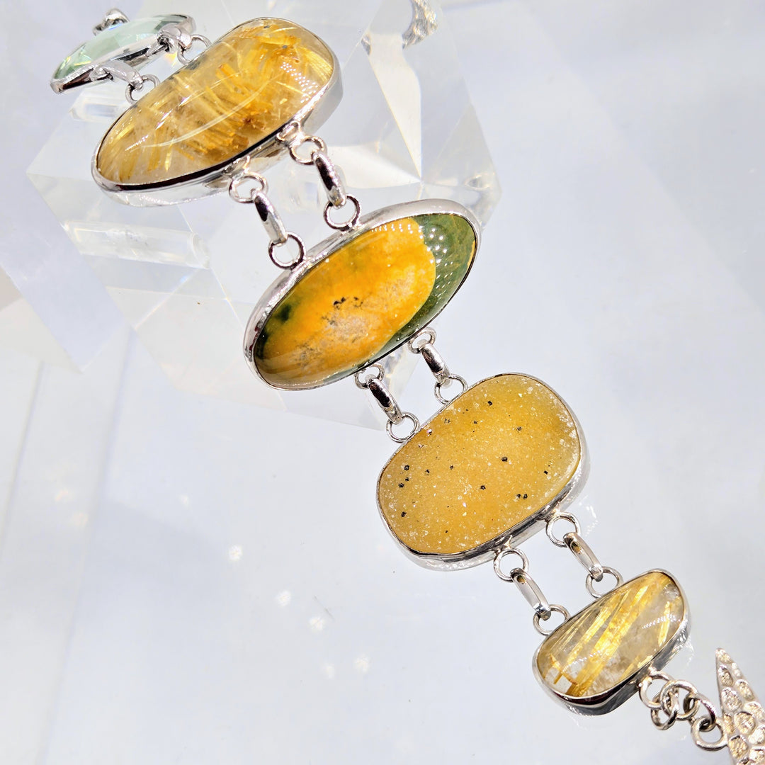 "Golden Sands" 7" - 8" Bracelet - Prasiolite, Druzy, Rutilated Quartz, Ocean Jasper, Anti-tarnish Sterling