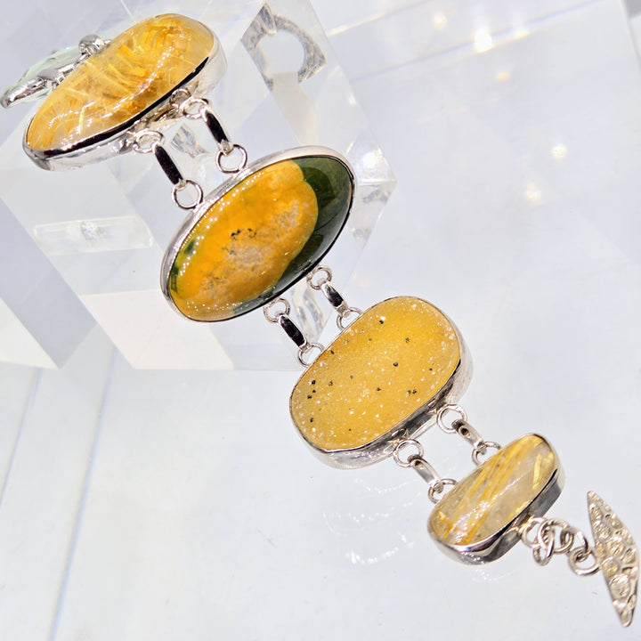 "Golden Sands" 7" - 8" Bracelet - Prasiolite, Druzy, Rutilated Quartz, Ocean Jasper, Anti-tarnish Sterling