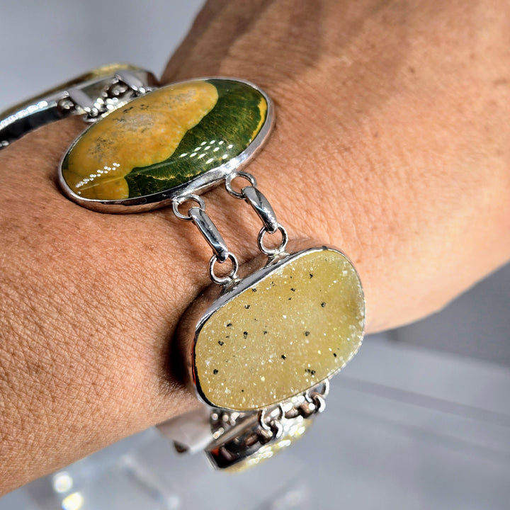 "Golden Sands" 7" - 8" Bracelet - Prasiolite, Druzy, Rutilated Quartz, Ocean Jasper, Anti-tarnish Sterling