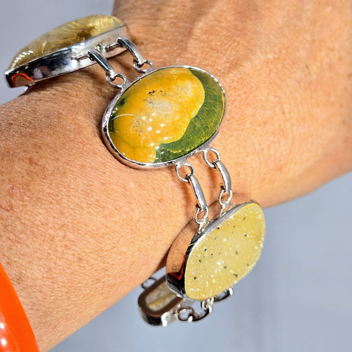 "Golden Sands" 7" - 8" Bracelet - Prasiolite, Druzy, Rutilated Quartz, Ocean Jasper, Anti-tarnish Sterling