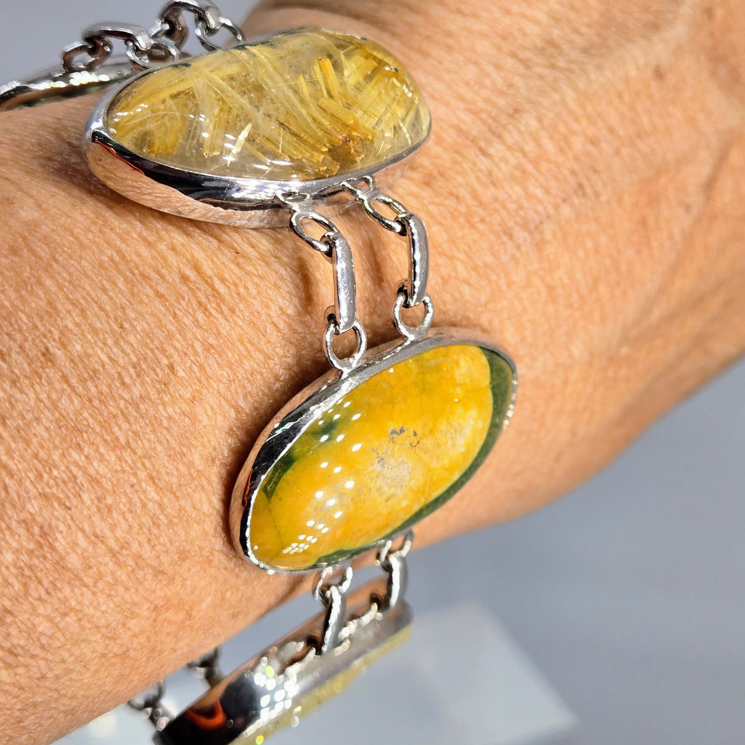 "Golden Sands" 7" - 8" Bracelet - Prasiolite, Druzy, Rutilated Quartz, Ocean Jasper, Anti-tarnish Sterling