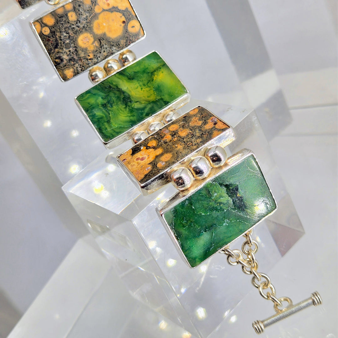 "Tile Job" 7.5" Bracelet - Rainforest & Orbicular Ocean Jaspers, Sterling