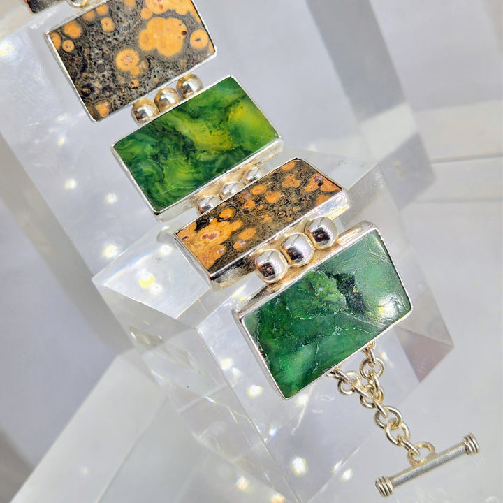 "Tile Job" 7.5" Bracelet - Rainforest & Orbicular Ocean Jaspers, Sterling