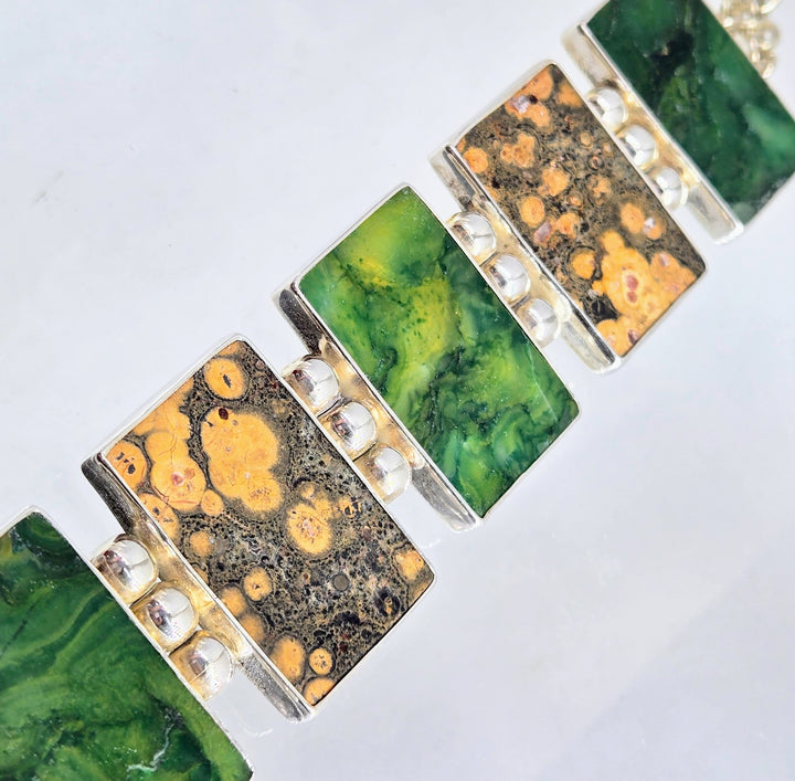 "Tile Job" 7.5" Bracelet - Rainforest & Orbicular Ocean Jaspers, Sterling