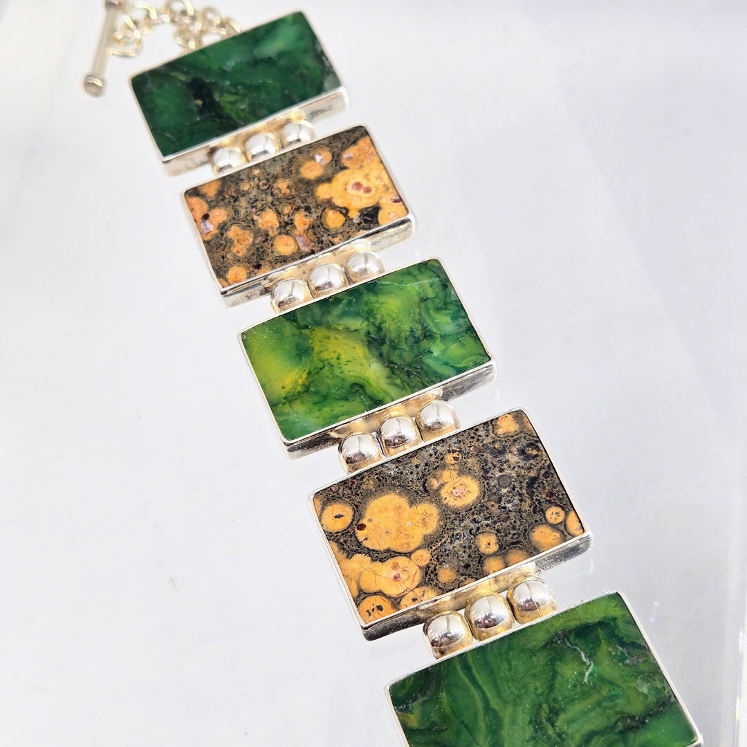 "Tile Job" 7.5" Bracelet - Rainforest & Orbicular Ocean Jaspers, Sterling
