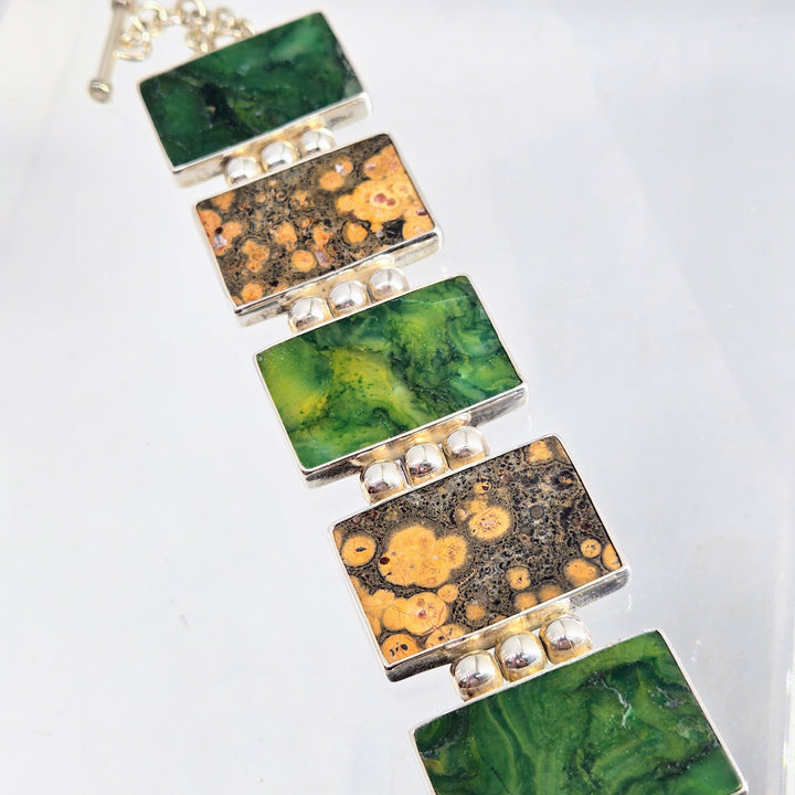 "Tile Job" 7.5" Bracelet - Rainforest & Orbicular Ocean Jaspers, Sterling