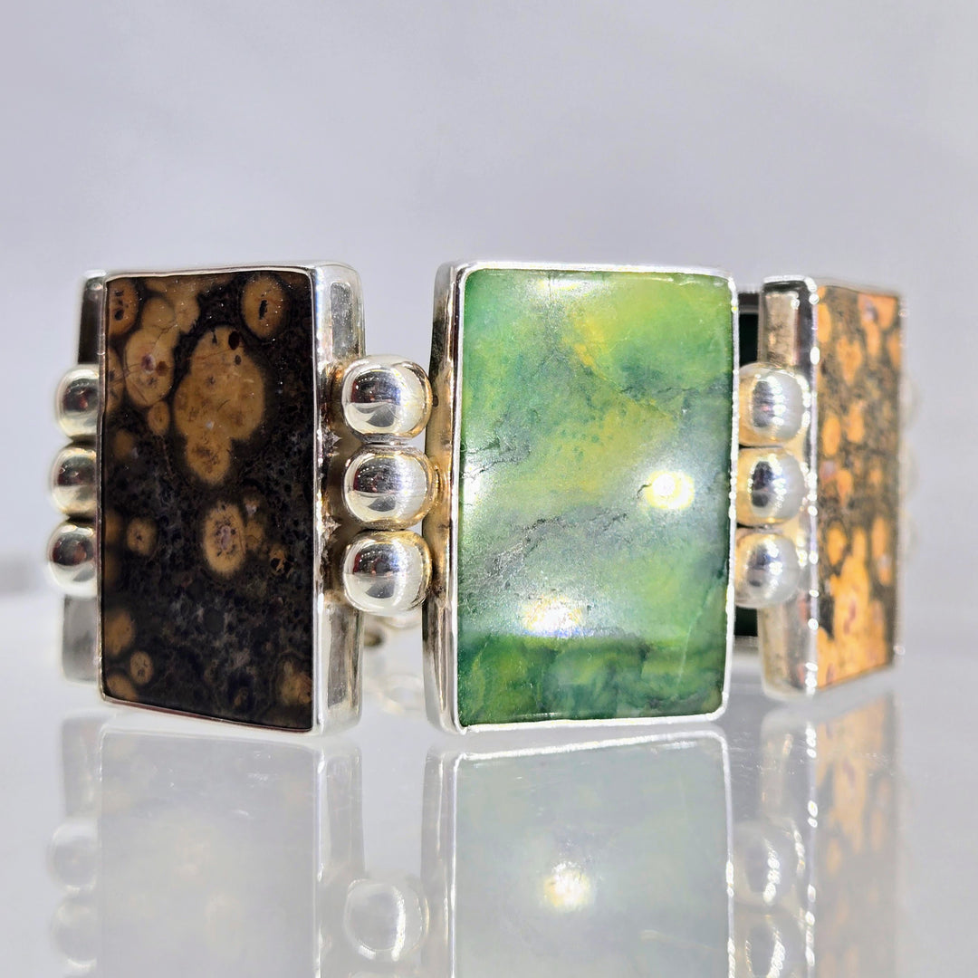 "Tile Job" 7.5" Bracelet - Rainforest & Orbicular Ocean Jaspers, Sterling