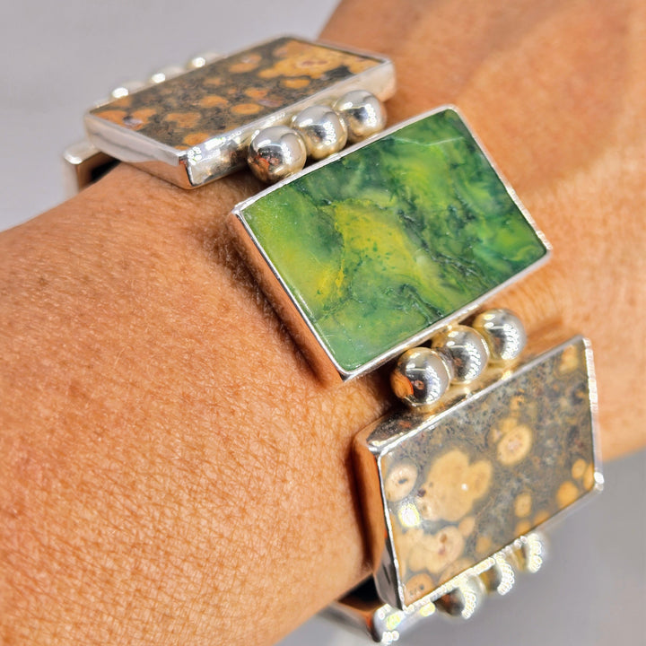 "Tile Job" 7.5" Bracelet - Rainforest & Orbicular Ocean Jaspers, Sterling
