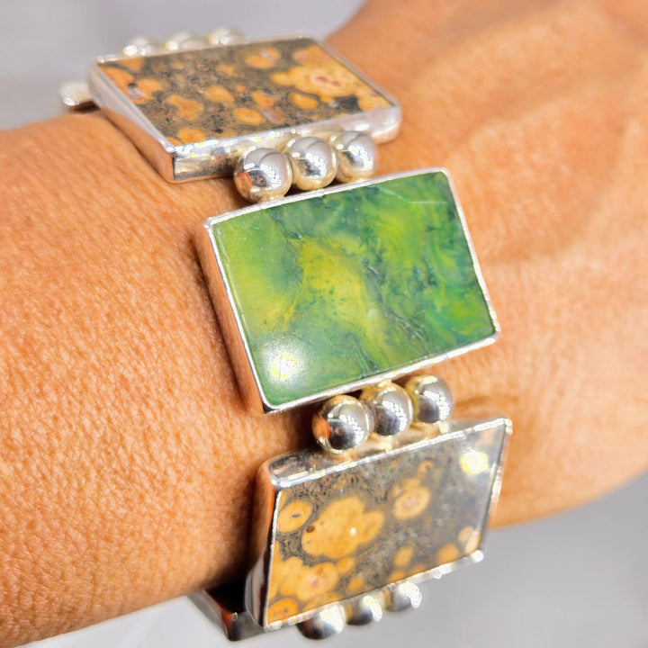"Tile Job" 7.5" Bracelet - Rainforest & Orbicular Ocean Jaspers, Sterling