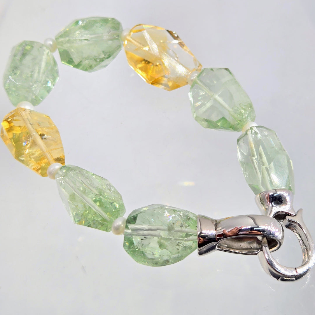 "Fresh Rocks" 7" Bracelet - Prasiolite (Green Amethyst), Citrine, Pearls, Anti-tarnish Sterling