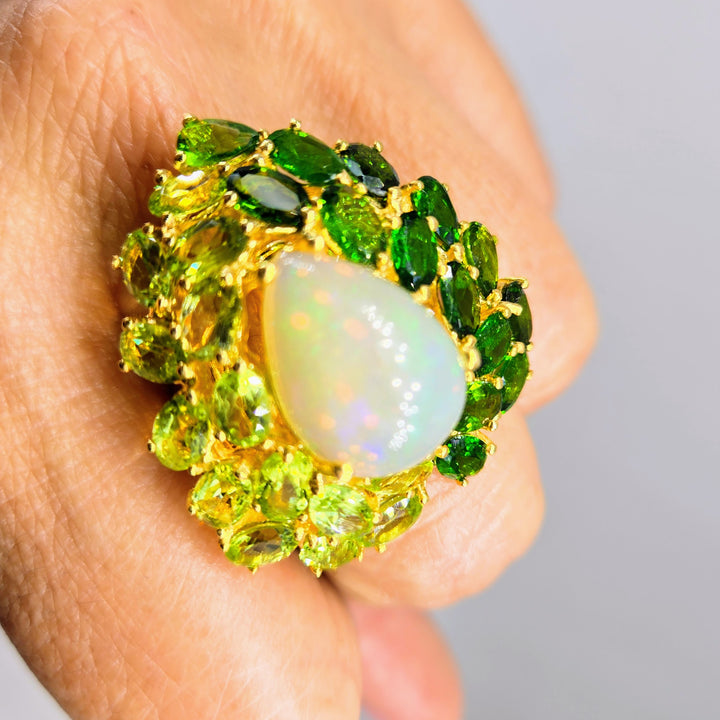 "Green Goddess" Sz 9 Ring - Opal, Peridot, Chrome Diopside, 18k Gold Sterling