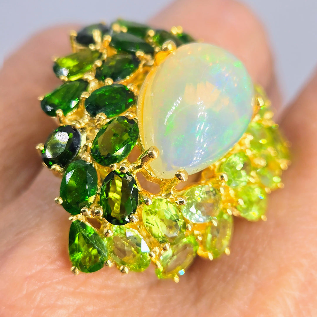 "Green Goddess" Sz 9 Ring - Opal, Peridot, Chrome Diopside, 18k Gold Sterling