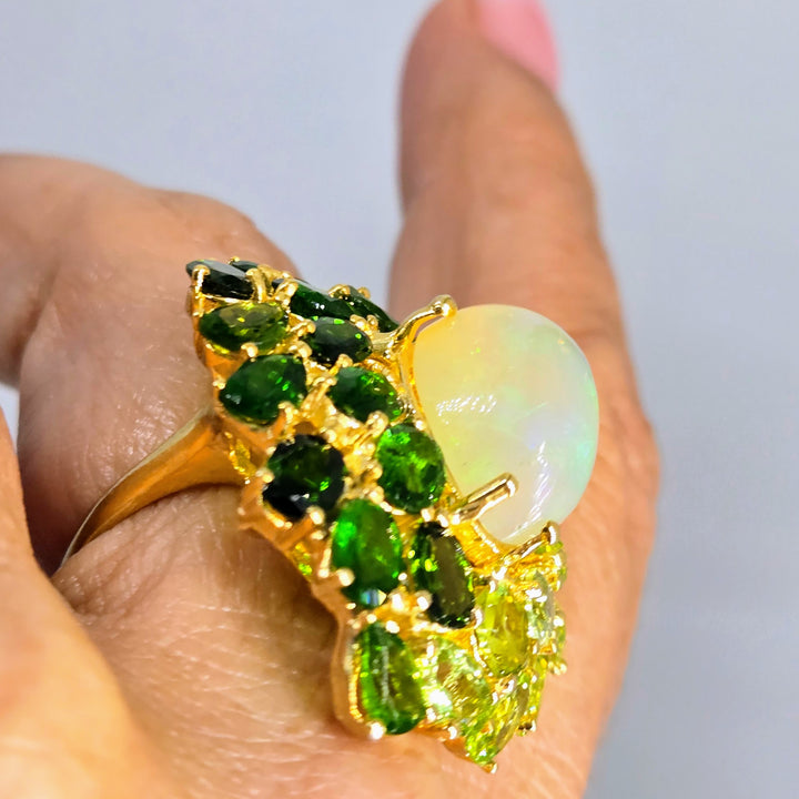 "Green Goddess" Sz 9 Ring - Opal, Peridot, Chrome Diopside, 18k Gold Sterling
